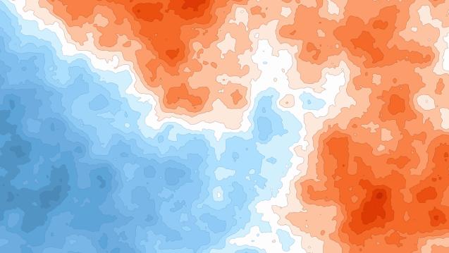 A heat map that goes from blue clouds on the left to red/orange clouds to the right