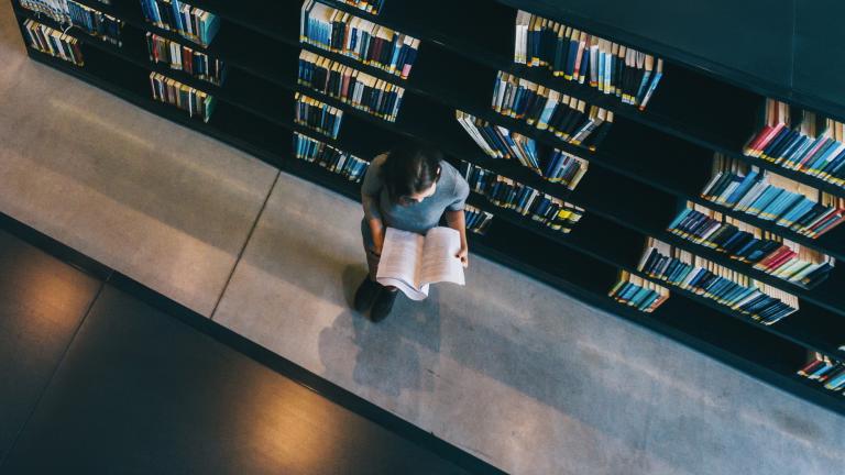 Aerial shot of a woman standing in front of a row of books while reading one that's in her hands.